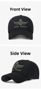 Detailed close-up of embroidered shield and wings on a black cotton baseball cap