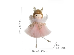 Pink plush angel Christmas tree ornament showing size dimensions of 14cm by 10cm
