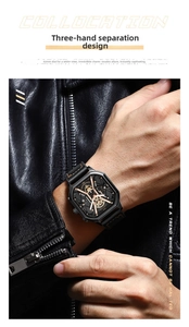 Detail view of 42mm square multi-function men's watch with glowing rose gold gears
