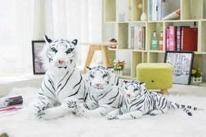 Three sizes of realistic white tiger plush toy skins with soft faux fur and black stripes