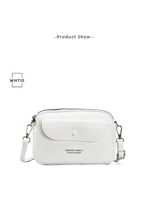 Close-up of white lychee pattern leather crossbody bag with golden logo and metal hooks