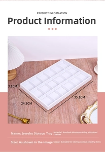 White 18-grid jewelry display tray in brushed aluminum and leather measuring 35.1x24.3x3.1cm