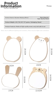 Size chart for wooden animal-shaped makeup mirrors showing various dimensions and weights