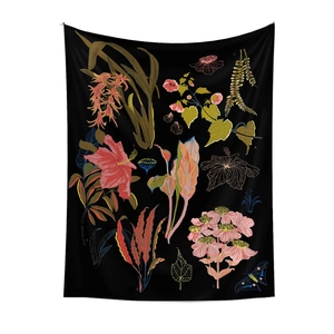 Detail of botanical wall tapestry featuring hibiscus and butterfly in retro art style