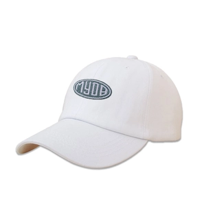 Detailed close-up of the white cotton baseball cap with MYOB embroidered letter logo