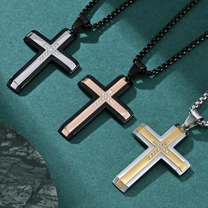 Men's hip-hop cross pendant necklace in silver, gold and rose gold stainless steel finishes