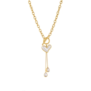 Gold titanium steel heart necklace with pearl pendant and crystal tassels in T-bar design