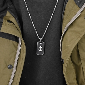Men's hip-hop necklace featuring a black dog tag pendant with a silver anchor symbol