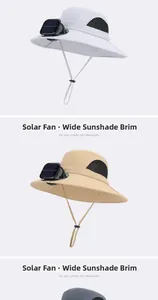Detail of wide brim sun hat with solar powered fan and breathable mesh side vents