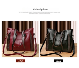 Detail view of large soft leather tote bags in classic black and deep red colors