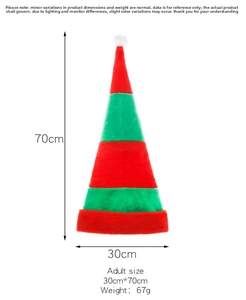 Bonnet de Noël extra long à rayures rouges et vertes avec détails des dimensions 70x30 cm