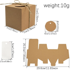 Brown kraft paper square gift box 7x7x7cm with hang tags and twine for party favors