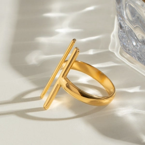 Polished 18k gold stainless steel ring with minimalist double-line open design