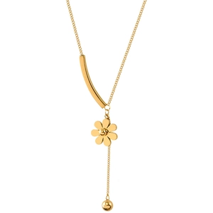 Minimalist gold daisy flower pendant necklace with beads on a sleek titanium steel chain