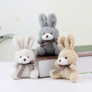 Cute plush bunny keychain set in white, grey and khaki with plaid bow tie decoration