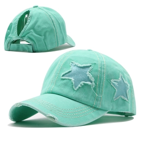 Casquette de baseball en coton menthe délavé avec écusson étoile et trou de queue de cheval