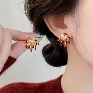 Elegant 18k gold plated firework stud earrings with burgundy glaze and sparkling zircons