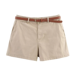 Women's casual khaki cotton shorts with a brown slim leather belt on white background