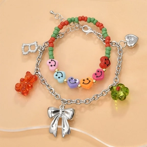 Y2K silver chain bracelet set with colorful smiley beads and resin charms