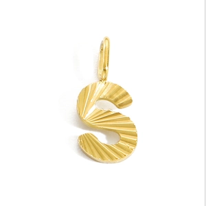 Detailed view of gold stainless steel letter S pendant with radial stripe texture