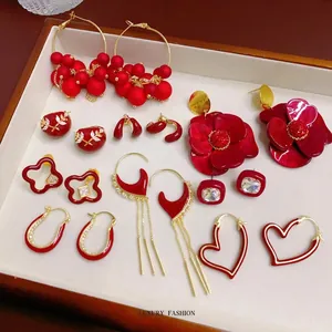 Boucles D Oreilles Vintage En Émail Rouge Pour Femmes Cœur Fleur Noeud Alliage Clous Avec Tige En Argent Bijoux Français