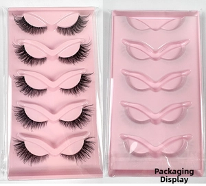Detailed view of 5 pairs of thick fox eye false eyelashes in clear packaging display