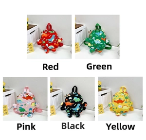 Detailed grid view of children's dinosaur backpacks in red green pink black and yellow