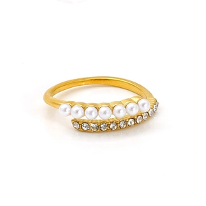 Detail of 18K gold ring featuring inlaid white pearls and sparkling crystal rhinestones