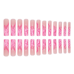 Faux ongles longs coffin roses avec lignes ondulées pailletées, ensemble de 24 pièces