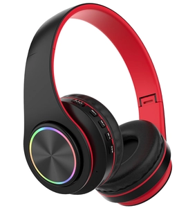 Detail of P47 headphones with red adjustable headband and soft black ear pads