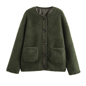 Deep green sherpa fleece cardigan with round neck and black buttons on white background