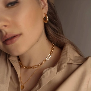 Polished 18K gold-plated stainless steel jewelry set with hoop earrings and layered necklaces