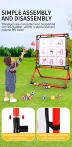 Outdoor target game set showing easy assembly details and kids playing on grass