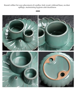 Detailed views of turquoise ceramic candle holder with round caliber and wide base