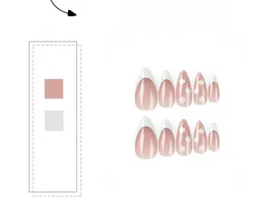 Detail of long almond press-on nails with white French tips and floral patterns