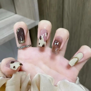 Press On Nails Long Coffin Shape Amber Smudge Milk Cow Pattern Gold Foil Lines Brown Elegant Artificial Manicure