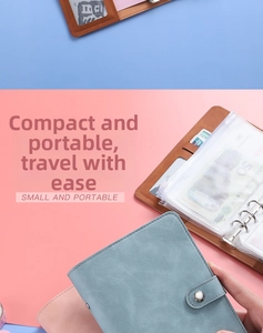 Detail of A6 PU leather budget binder with 6-ring binder and clear zipper pockets