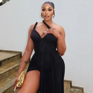 Elegant black halter neck slim fit dress with asymmetrical slit and cutout details
