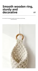 Close-up of bohemian cotton rope basket featuring a natural round wooden ring handle