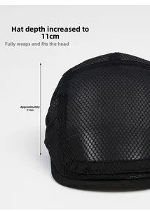 Detail view of black breathable mesh newsboy hat featuring an 11cm deep fit design