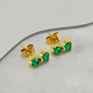 Elegant 18K gold-plated bow-knot stud earrings featuring emerald-green teardrop zircons