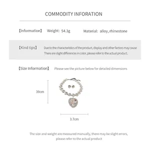 Detailed chart showing size and weight for rhinestone heart necklace and earrings