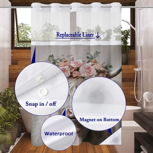 Detail of waterproof waffle fabric shower curtain with snap-in liner and magnetic hem