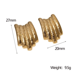 Detail view of 18K gold plated earrings featuring a wrinkled wave texture and dimensions