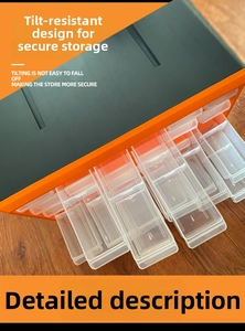 Detail of drawer locking mechanism preventing parts from falling when storage box is tilted