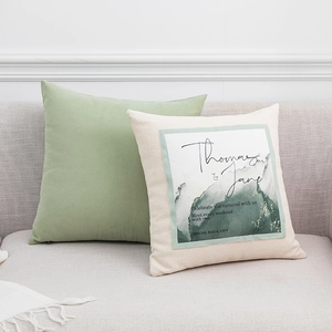 Modern Nordic style throw pillows with green velvet and embroidered beige linen cover