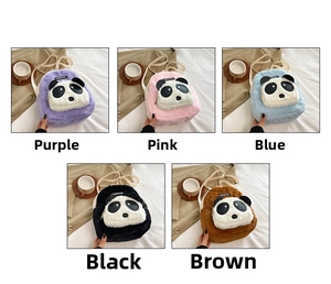 Detailed comparison of cute panda plush backpacks in purple, pink, blue, black, and brown