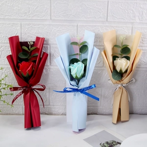 Three single soap rose bouquets in red, blue and beige with Just For You ribbons