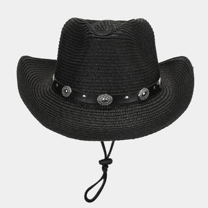 Close-up of black straw cowboy hat with vintage silver studs and adjustable wind lanyard