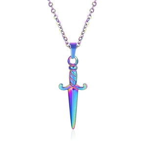Macro shot of iridescent rainbow sword pendant on cross chain with mirror reflection